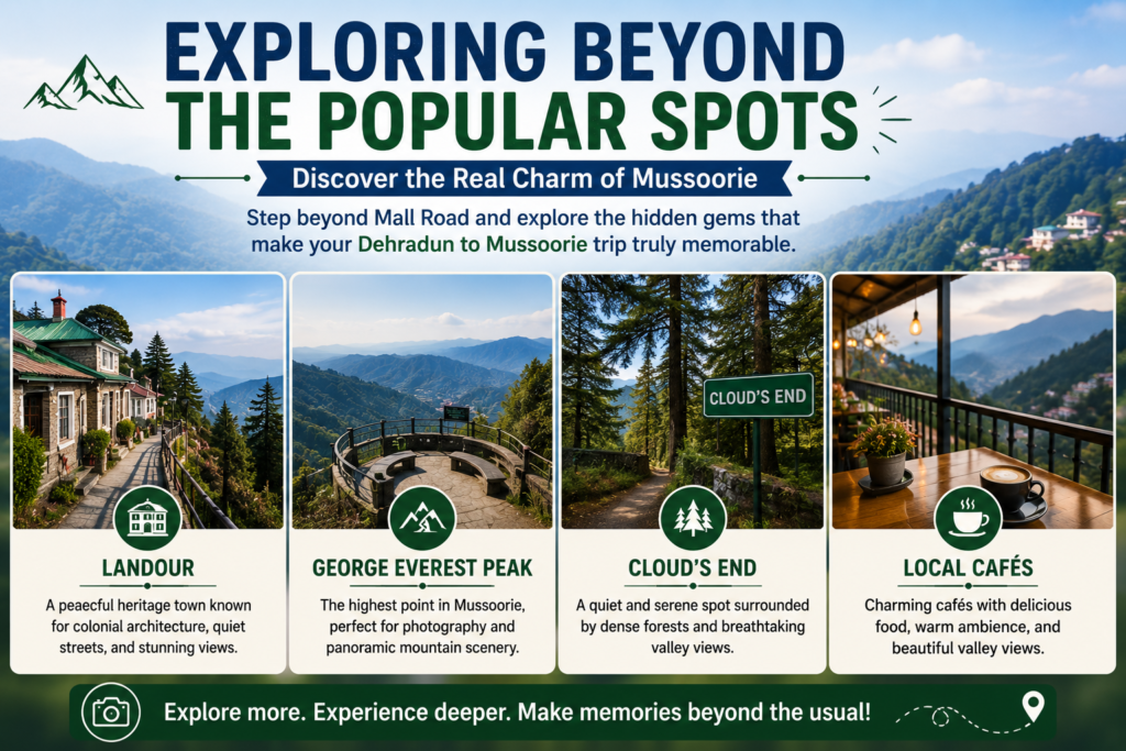 Travel infographic showcasing hidden gems around Mussoorie, featuring Landour, George Everest Peak, Cloud’s End, and local cafés, set against scenic mountain landscapes and promoting exploration beyond popular tourist spots.