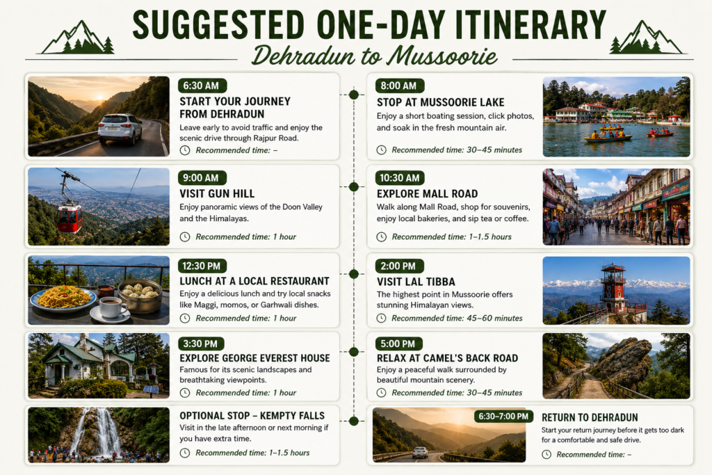 Suggested one-day itinerary for a scenic Dehradun to Mussoorie road trip with major attractions and recommended timings.