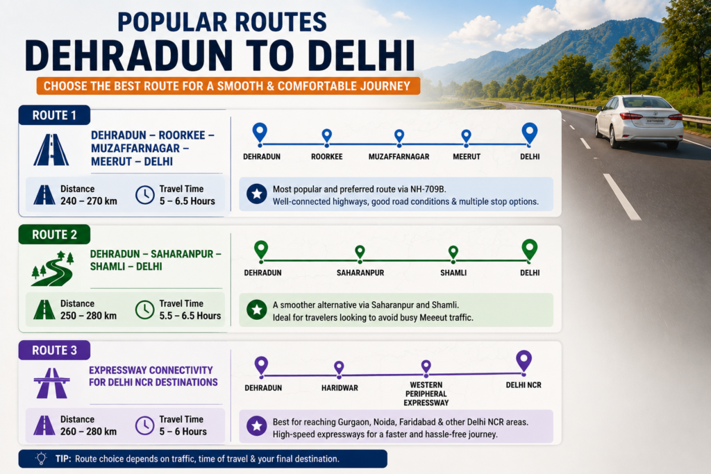 Popular routes from Dehradun to Delhi showing travel paths, distance, and estimated journey times.
