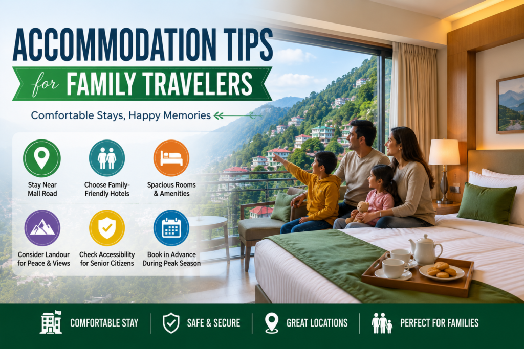 Family relaxing in a spacious hotel room with scenic Mussoorie hill views, highlighting accommodation tips for family travelers, comfortable stays, and family-friendly lodging options.