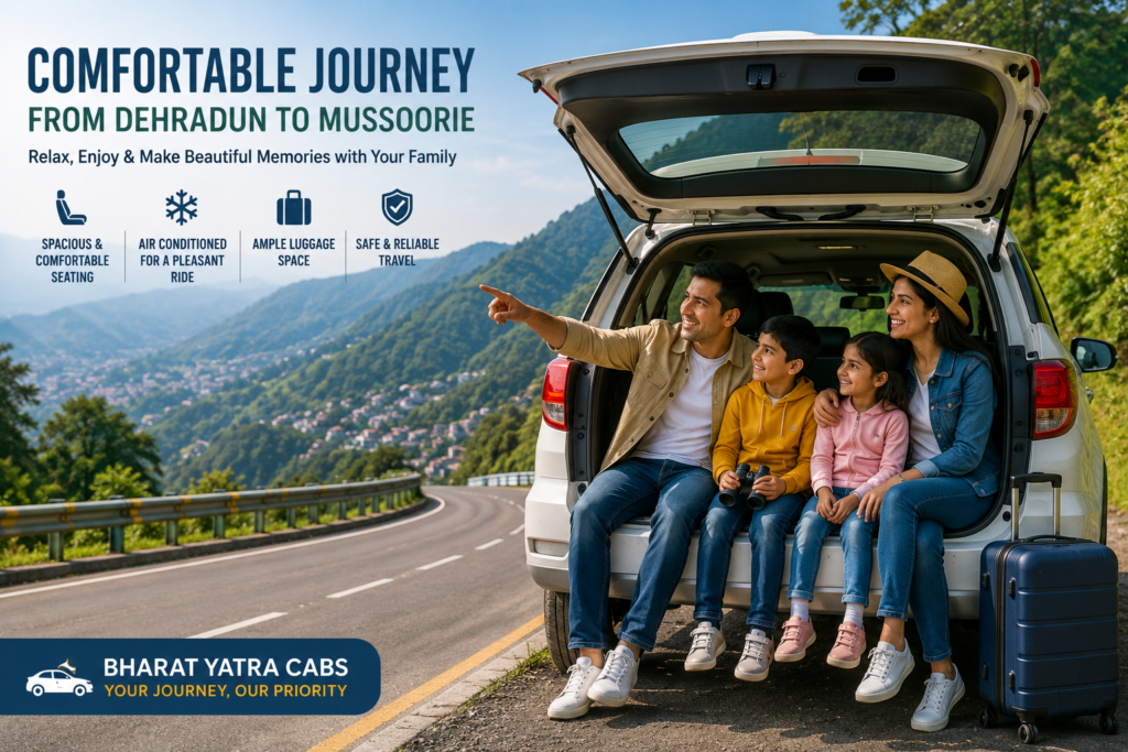 Happy family relaxing beside an SUV on a scenic mountain road from Dehradun to Mussoorie, highlighting a comfortable and safe cab journey with beautiful hill views.

