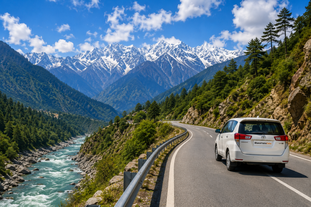 Scenic Himalayan mountain road beside a turquoise river, with snow-capped peaks and a taxi traveling through Uttarakhand.