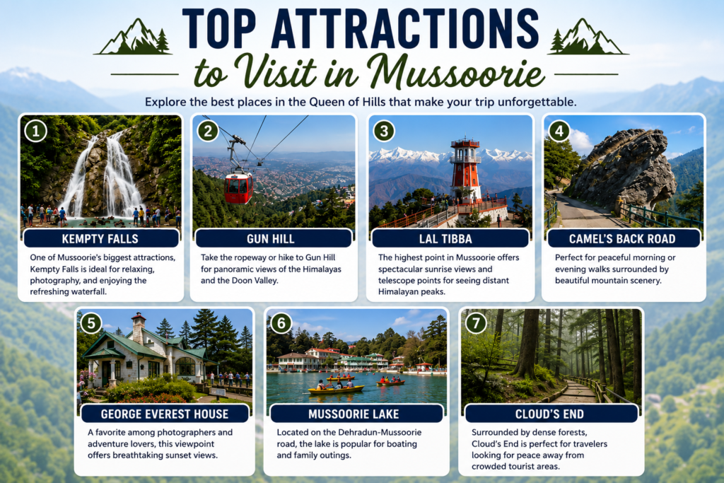 Infographic featuring the top attractions to visit in Mussoorie, including Kempty Falls, Gun Hill, Lal Tibba, Camel's Back Road, George Everest House, Mussoorie Lake, and Cloud's End.
