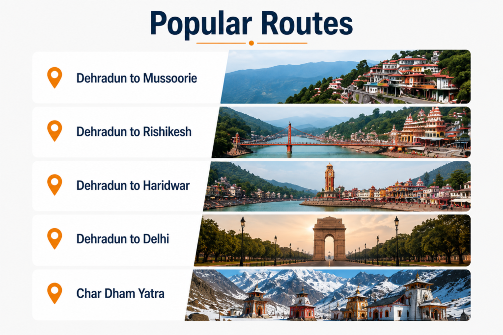 Popular taxi routes from Dehradun including Mussoorie, Rishikesh, Haridwar, Delhi, and Char Dham Yatra.