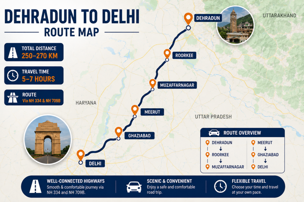 Dehradun to Delhi route map showing major stops, distance, and travel time by road.
