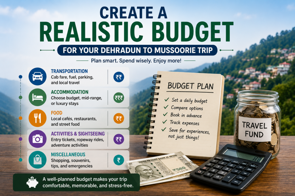 Budget planning infographic for a Dehradun to Mussoorie trip, featuring transportation, accommodation, food, activities, savings tips, a calculator, cash, and a travel fund jar against a scenic mountain backdrop.