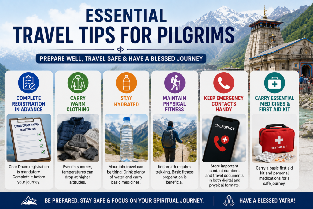 Essential travel tips for Char Dham pilgrims, including registration, warm clothing, hydration, fitness, emergency contacts, and first aid preparation.