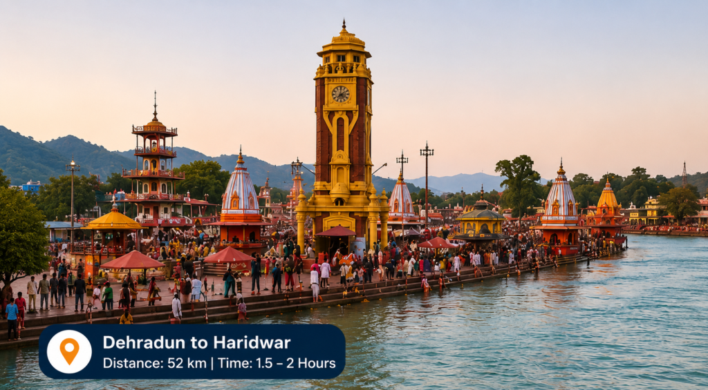 Dehradun to Haridwar taxi route with Har Ki Pauri and the Ganga River in Haridwar.