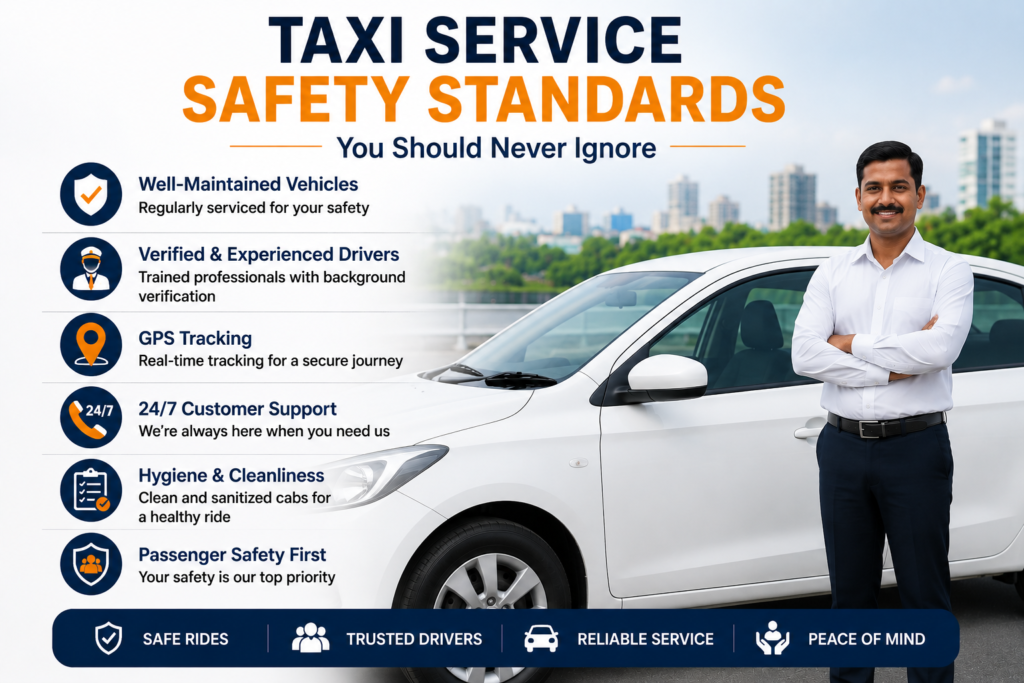 Taxi service safety standards infographic showing a professional driver, clean cab, GPS tracking, verified drivers, and 24/7 customer support.