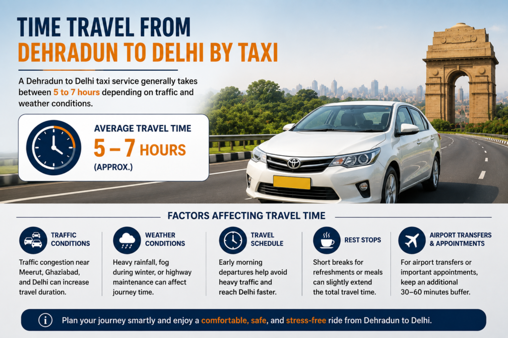 Infographic showing Dehradun to Delhi taxi travel time of 5–7 hours, with a sedan on a highway, India Gate, and key factors affecting journey duration.