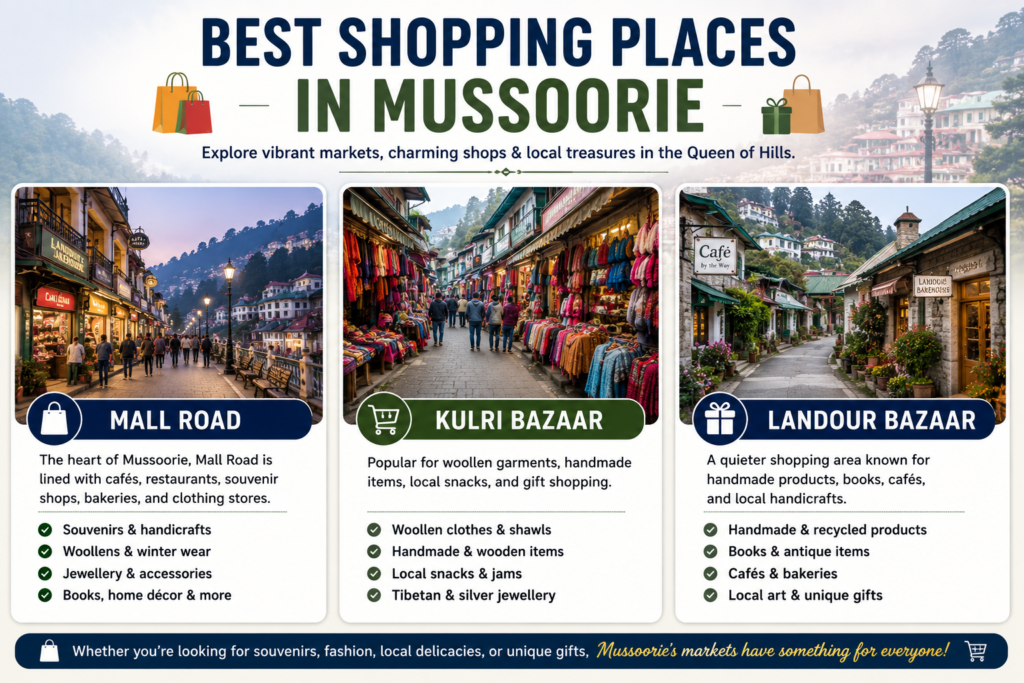 Infographic highlighting the best shopping places in Mussoorie, including Mall Road, Kulri Bazaar, and Landour Bazaar.