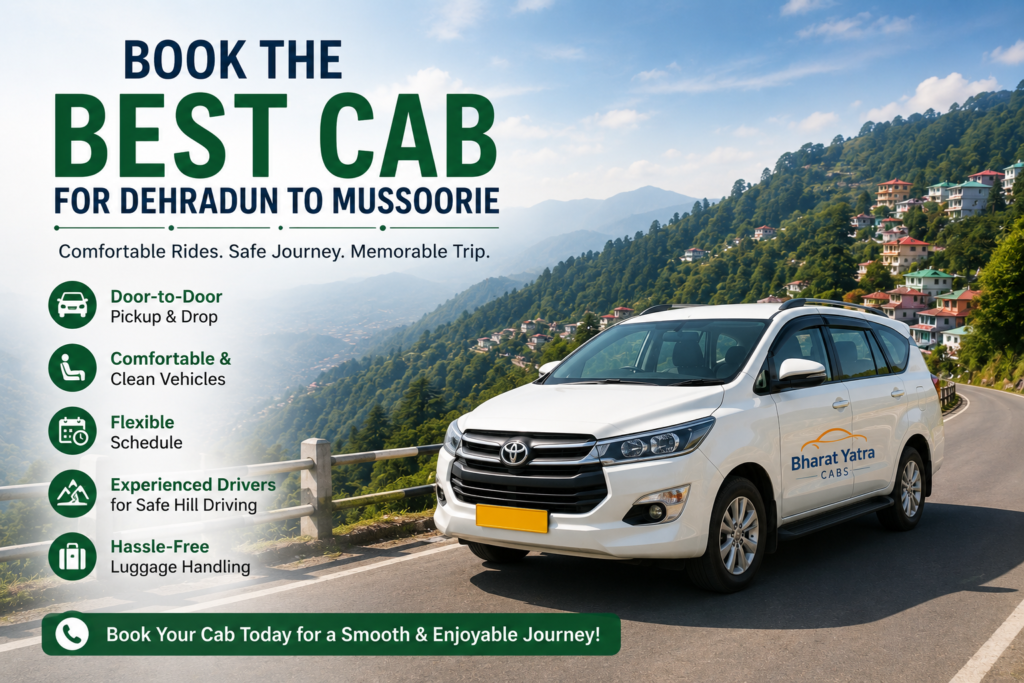 White cab driving on a scenic mountain road from Dehradun to Mussoorie, highlighting comfortable rides, flexible scheduling, experienced drivers, and door-to-door service.
