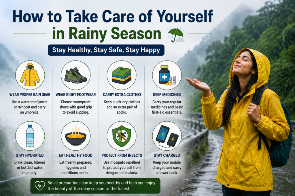 How to Take Care of Yourself in Rainy Season with essential health tips, rain gear, healthy food, and waterproof footwear.