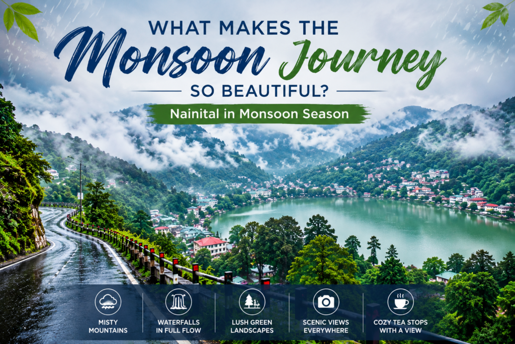Scenic view of Nainital during the monsoon season featuring mist-covered hills, lush green forests, a rain-soaked mountain road, and Naini Lake with travel highlights.