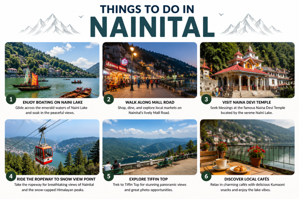 Things to do in Nainital including boating on Naini Lake, Mall Road, Naina Devi Temple, Snow View Point, Tiffin Top, and local cafés.