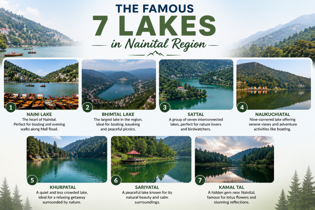 The famous 7 lakes in Nainital region including Naini Lake, Bhimtal, Sattal, Naukuchiatal, Khurpatal, Sariyatal, and Kamal Tal.