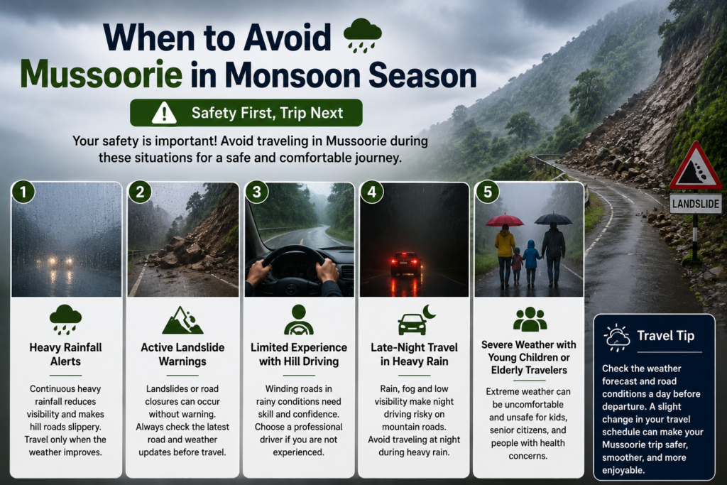 When to Avoid Mussoorie in Monsoon Season with landslide-prone roads, heavy rainfall, and safe travel tips.