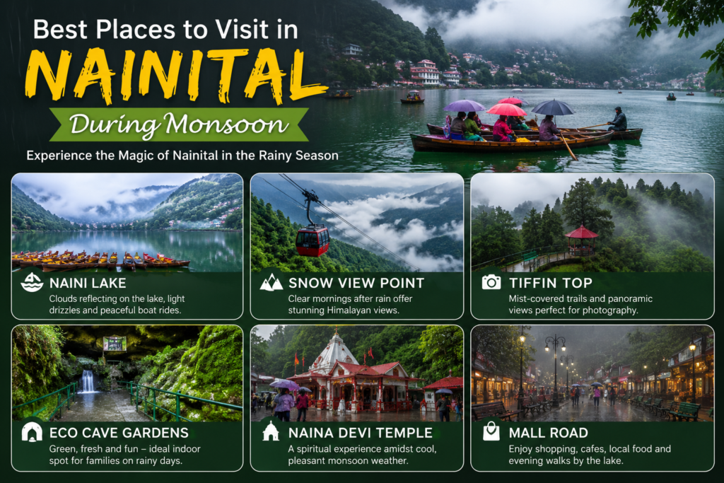 Professional collage showcasing the best places to visit in Nainital during the monsoon, including Naini Lake, Snow View Point, Tiffin Top, Eco Cave Gardens, Naina Devi Temple, and Mall Road surrounded by mist, lush greenery, and rainy-season scenery.