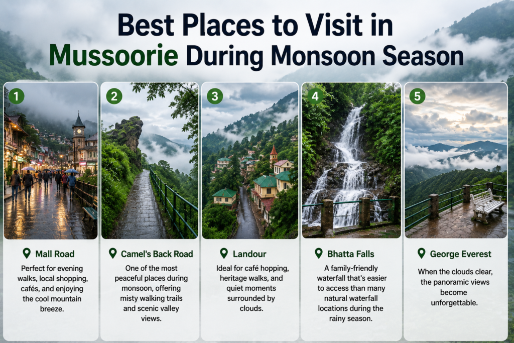 Best Places to Visit in Mussoorie During Monsoon Season, including Mall Road, Camel's Back Road, Landour, Bhatta Falls, and George Everest.