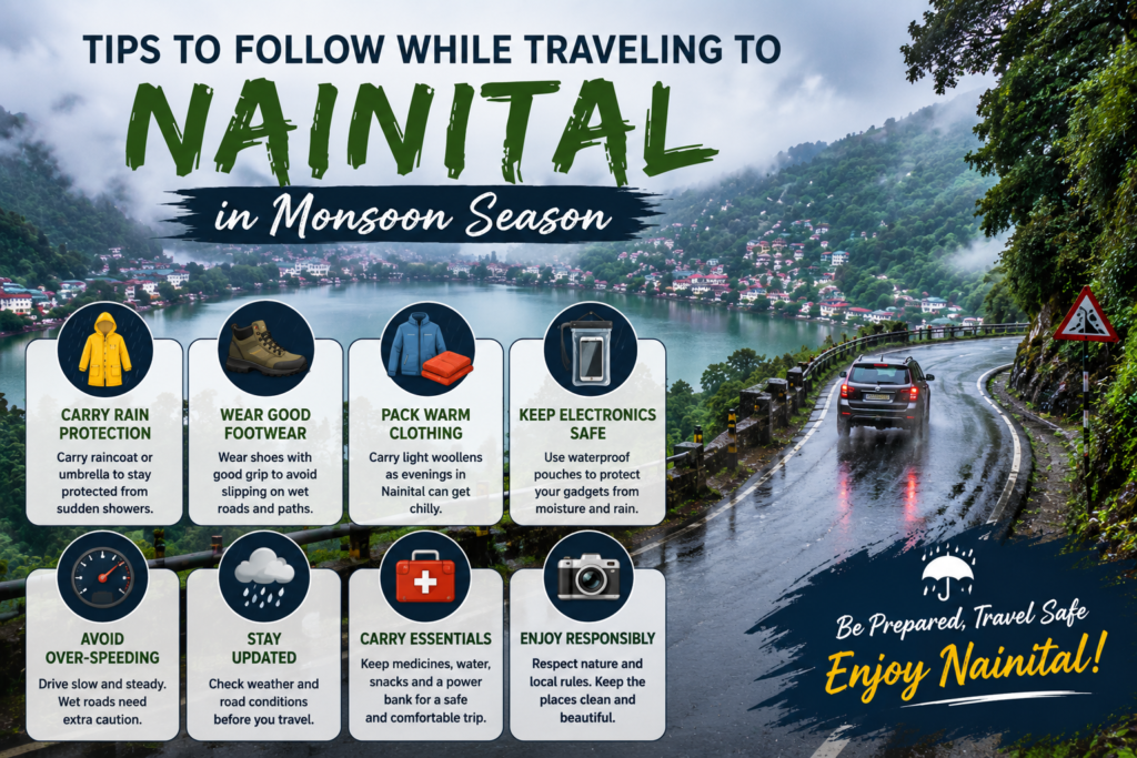 Travel safety infographic for visiting Nainital during the monsoon season, featuring a misty mountain road, Naini Lake, and essential tips like rain protection, proper footwear, warm clothing, waterproof gear, and safe driving.