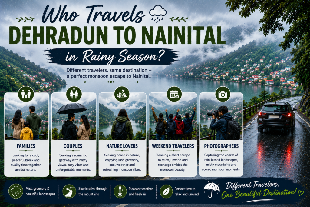 Travel infographic showing families, couples, nature lovers, weekend travelers, and photographers enjoying the Dehradun to Nainital journey during the monsoon season, with misty hills, Naini Lake, lush greenery, and a scenic rain-soaked mountain road.