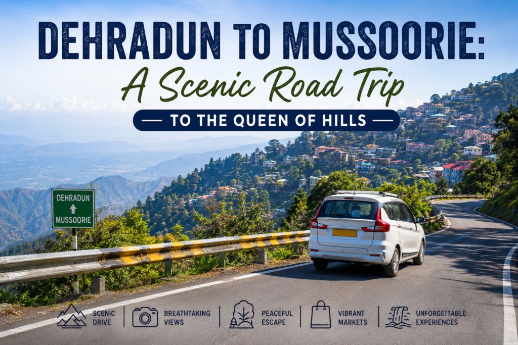 Scenic Dehradun to Mussoorie road trip with a cab driving through winding mountain roads overlooking the Queen of Hills.