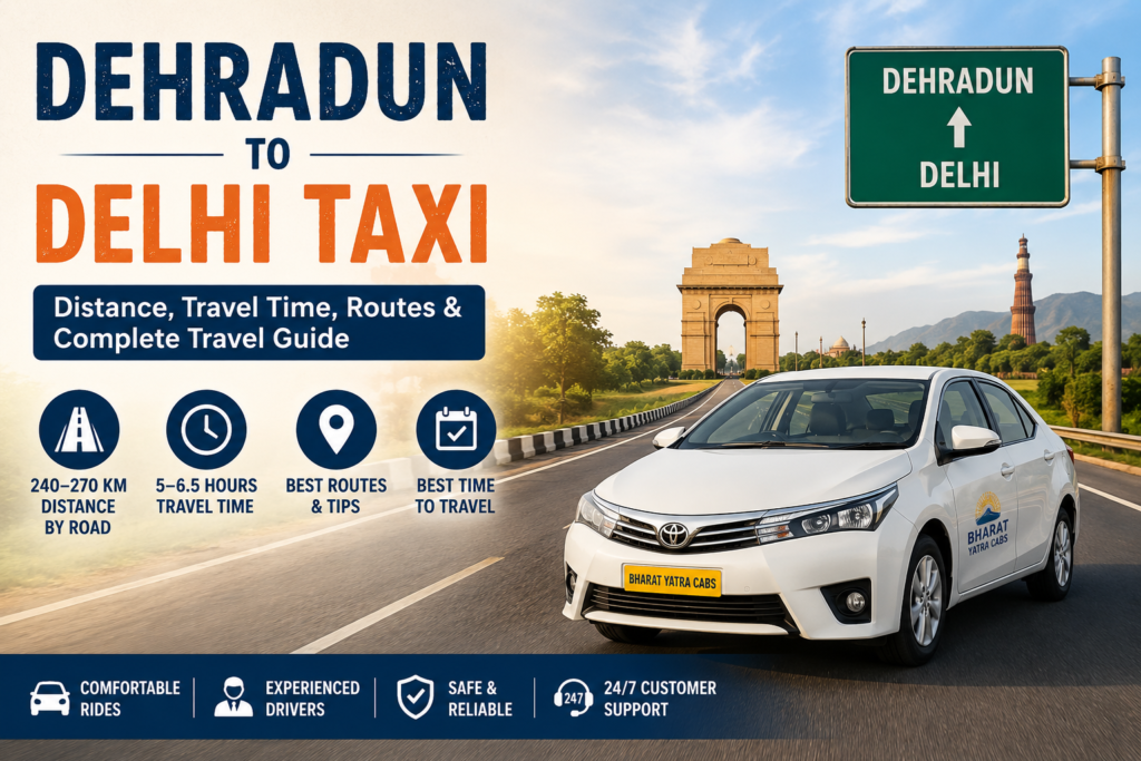 Dehradun to Delhi taxi traveling on a highway with route, distance, and travel time information.