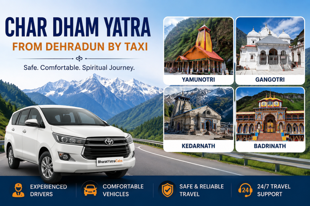Char Dham Yatra from Dehradun by taxi featuring Himalayan mountains, pilgrimage temples, and a comfortable travel vehicle.