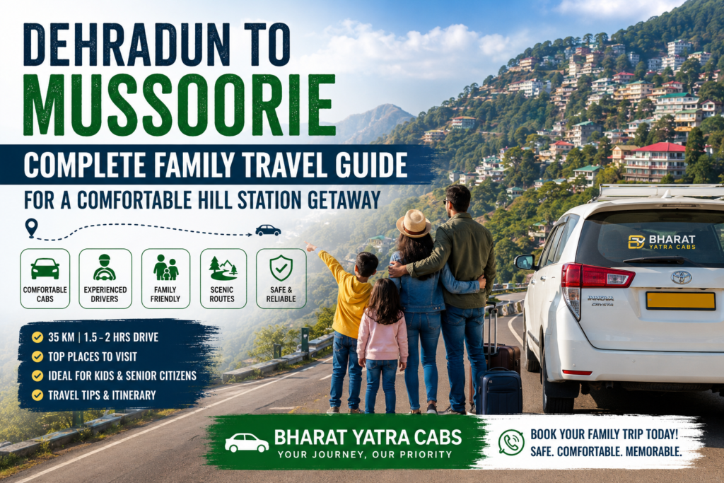 Family enjoying a scenic road trip from Dehradun to Mussoorie with a cab on a mountain road, showcasing a comfortable hill station getaway for family travelers.