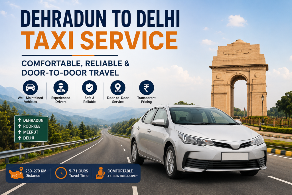 Dehradun to Delhi taxi service banner featuring a sedan on a highway with India Gate, highlighting comfortable and reliable cab travel.