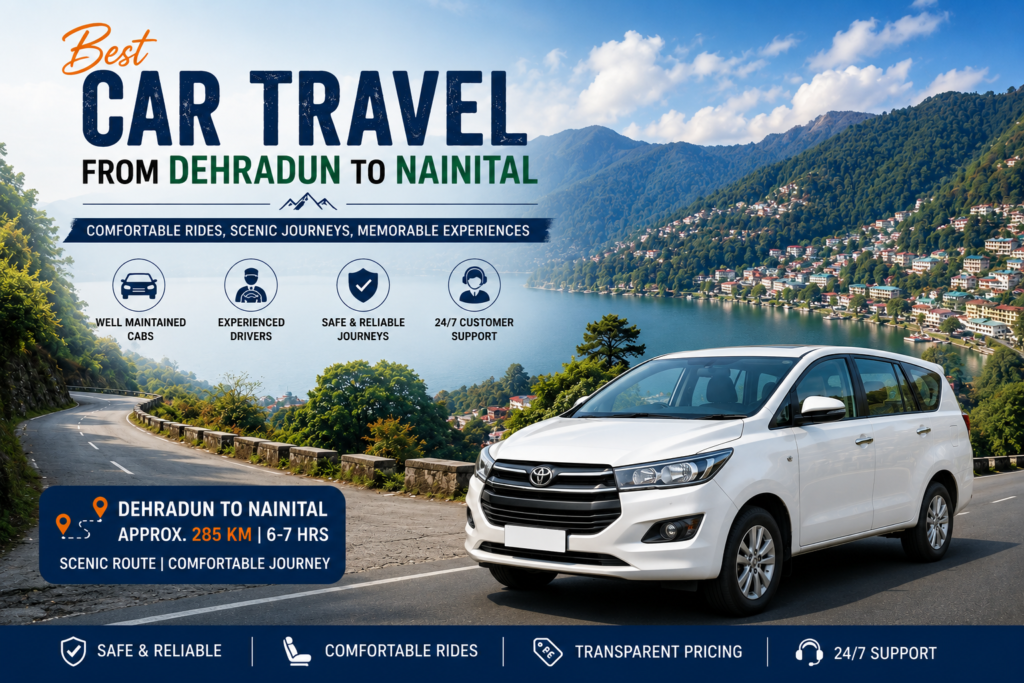 Dehradun to Mussoorie cab service on a scenic hill road.