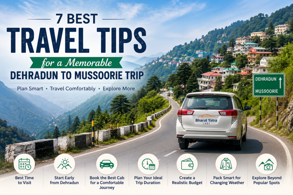 Scenic mountain road from Dehradun to Mussoorie with a cab, hillside homes, and travel tips for a memorable hill-station journey.